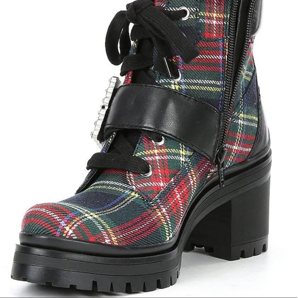 New GB
Pop-Star Plaid Rhinestone Buckle Lug Sole Booties - Picture 4 of 14